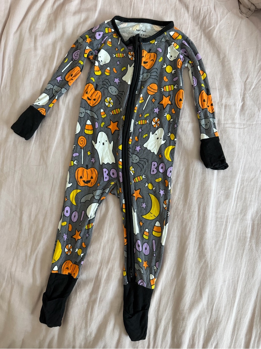 Little Sleepies Hey Boo Zippy - Halloween Print foldover sleeves footie